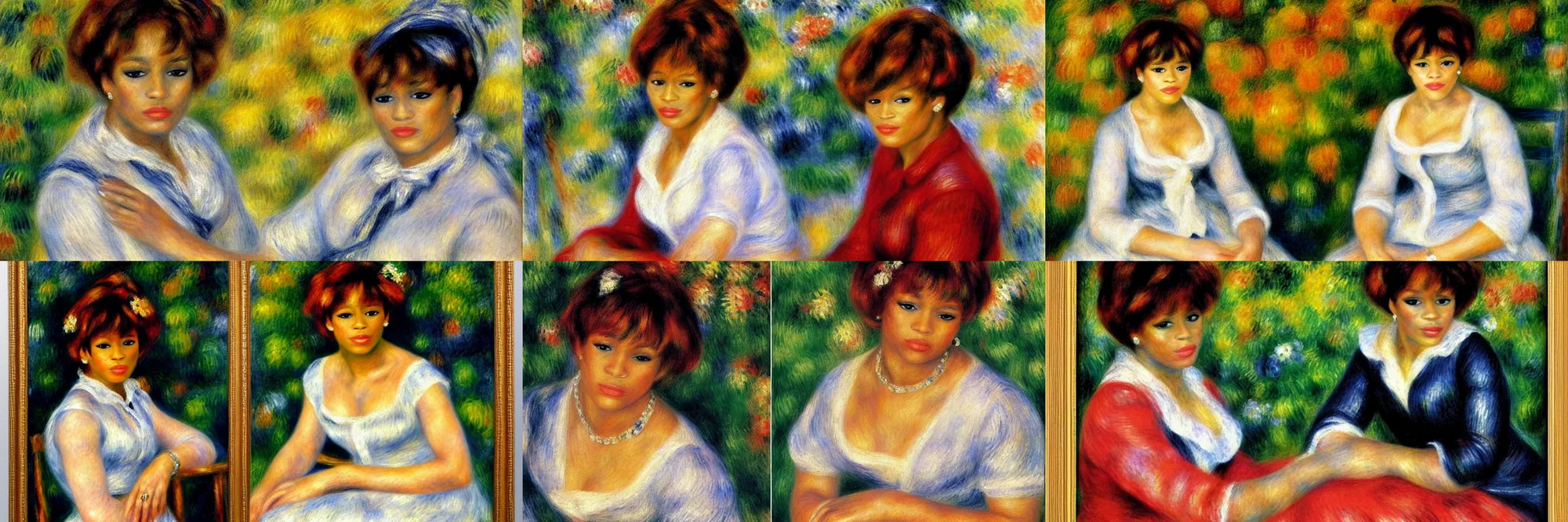 Prompt: Renoir portrait of a Black woman who looks like Whitney Houston with straightened blonde hair. Front facing. 4K. Detailed. Intricate. Beautiful.