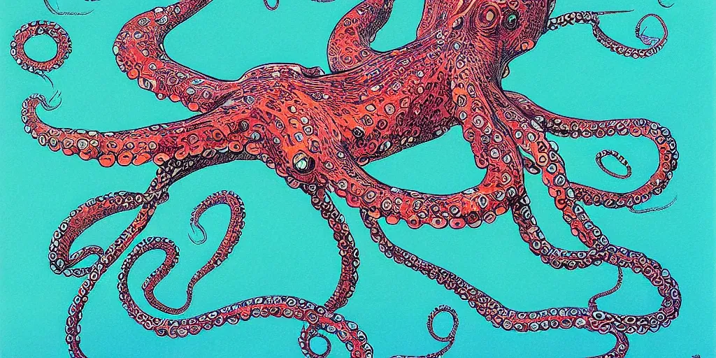 Prompt: ” beautiful octopus drifting in the deep sea painted by moebius. ”