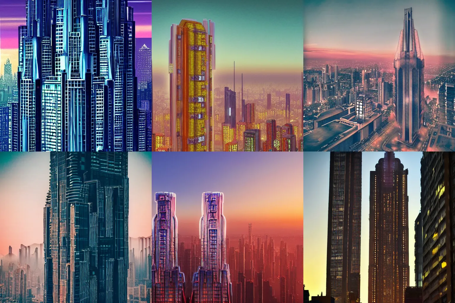 Prompt: beautiful photo of an art deco cyberpunk city skyscraper at dawn
