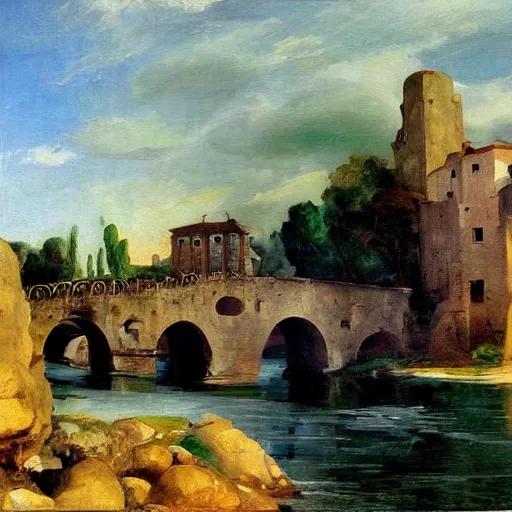 Image similar to modern stylized oil painting of medieval stone bridge, very very very beautiful, funny structure, romanticism by goya, bright art, cinematic dramatic lighting, plants and water