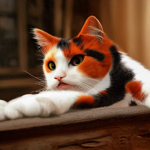 Prompt: calico cat, award winning, cgsociety. reflection, ultra wide shot, photography, award winning photography, cinematic