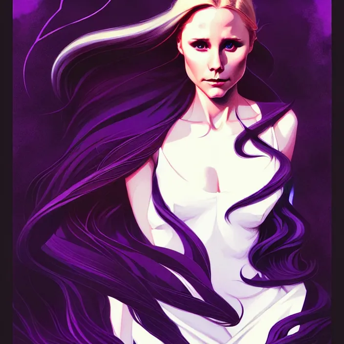 Prompt: style artgerm, joshua middleton, dean cornwell, beautiful kristen bell with black dress, very long white hair, symmetrical face, symmetrical eyes, purple fire powers fire swirling, detailed, forest setting, cinematic lighting