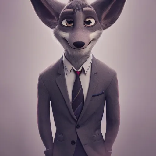 Image similar to a film still from zootopia main character portrait anthro anthropomorphic wolf security guard head animal person fursona wearing suit and tie pixar disney dreamworks animation sharp rendered in unreal engine 5 octane key art by greg rutkowski bloom dramatic lighting modeling expert masterpiece render