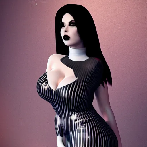 Prompt: a curvy pale hot goth young woman wearing an elegant modest tight shiny red-silver-black striped latex high-neck dress, cgsociety, photorealistic, sublime-cool-hyperadvanced-dark ambience, 16k, smooth, sharp focus, trending on ArtStation, volumetric lighting, fully clothed, thin waist