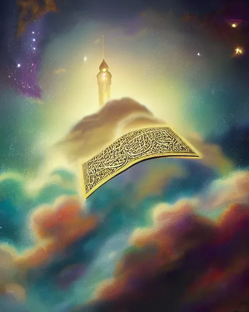 Image similar to the quran descending from the galaxy into clouds highly detailed, gold filigree, romantic storybook fantasy, soft cinematic lighting, award, pastel color palette, featured on artstation