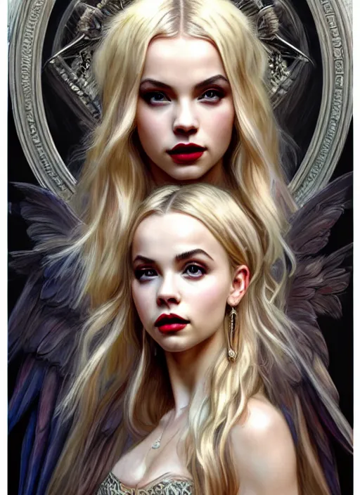 Image similar to ultra realistic illustration, a stunningly beautiful greek gothic goddess of chaos played by jordyn jones and dove cameron and margot robbie and taylor swift and megan fox, intricate, elegant, highly detailed, digital painting, artstation, concept art, smooth, sharp focus, illustration, art by artgerm and greg rutkowski and alphonse mucha