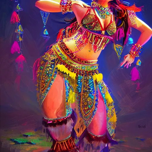 Image similar to a panda bear in intricate, colorful belly dancing garb, belly dancing on a Mediterranean stage, full body shot, elegant, highly detailed, digital painting, smooth brushwork, sharp focus, concept art, artstation, art by nick silva and RHADS,