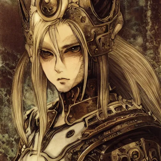 Prompt: yoshitaka amano style blurred and dreamy illustration, renaissance oil portrait, realistic anime girl with white hair and black eyes wearing elden ring style armor with engraving, highly detailed, ruined throne room in the background, strange camera angle, three - quarter view, noisy film grain effect