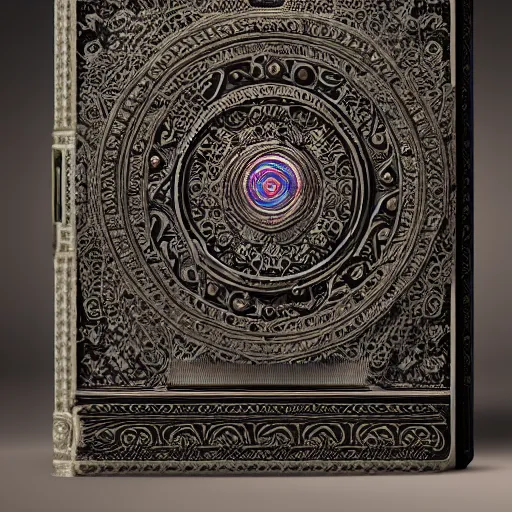 Image similar to an ancient ornate intricate old tome spell book with the sigil symbol of an eye emblazoned on the cover, cinematic, realistic, intricate detail, finely detailed, small details, extra detail, photorealistic, high resolution, 3D, PBR, path tracing, volumetric lighting, octane render, arnold render, 8k