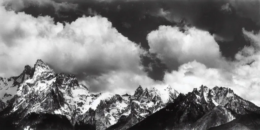 Prompt: tall mountains covered in snow with huge clouds, photo by Ansel Adams,