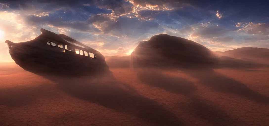 Image similar to an amazingly stunning picture of a transparent refractive ghost ship floating high up in the sky over a desert, intricate detail, sunset, serene, volumetric lighting, volumetric clouds, 8 k, photorealistic, digital art trending on artstation