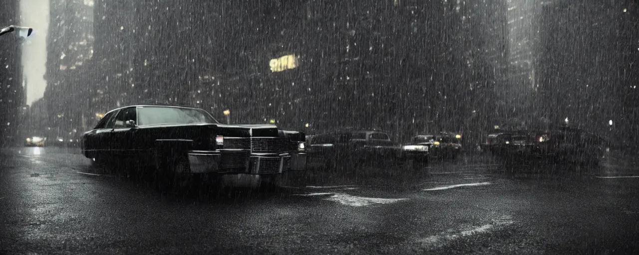 Image similar to A mysterious figure sitting in a black 1970's Cadillac DeVille with the headlights on, smoking a cigarette, parked on the side of the road in the city of New York while it is raining, by Stephen King, dark and dim, moody, sinister, cinematic lighting, 8k render, hyperrealistic