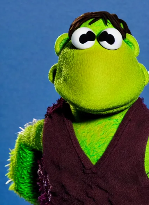 Prompt: studio portrait still of muppet!!!!! hulk!!!!!! from avengers infinity war as a muppet muppet as a muppet, 8 k, studio lighting, key light,