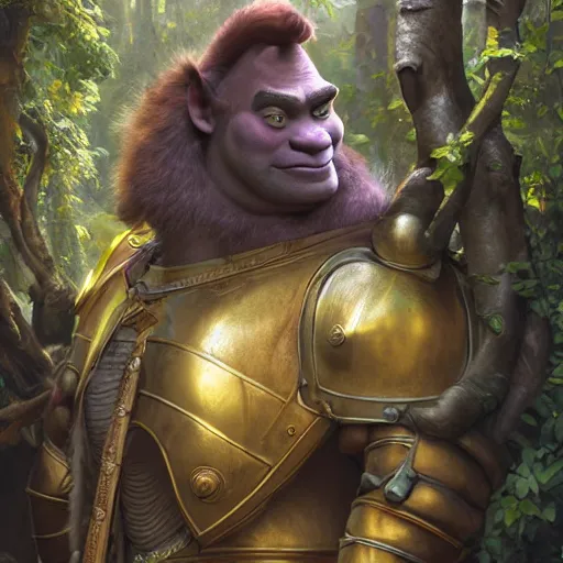 Image similar to shrek as a glorious devout shining powerful epic amazing awesome very handsome attractive muscular stylish knight in shining golden armor riding donkey, fantasy art, highly detailed, photorealistic, octane render, 8 k, unreal engine, art by artgerm and greg rutkowski and alphonse mucha