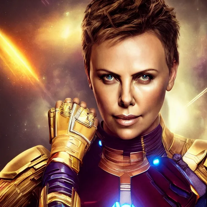 Prompt: portrait of ((Charlize Theron)), wearing The Infinity GAUNTLET. infinity gauntlet. intricate artwork. octane render, trending on artstation, very coherent symmetrical artwork. avengers. thanos. cinematic, hyper realism, high detail, octane render, 8k, iridescent accents
