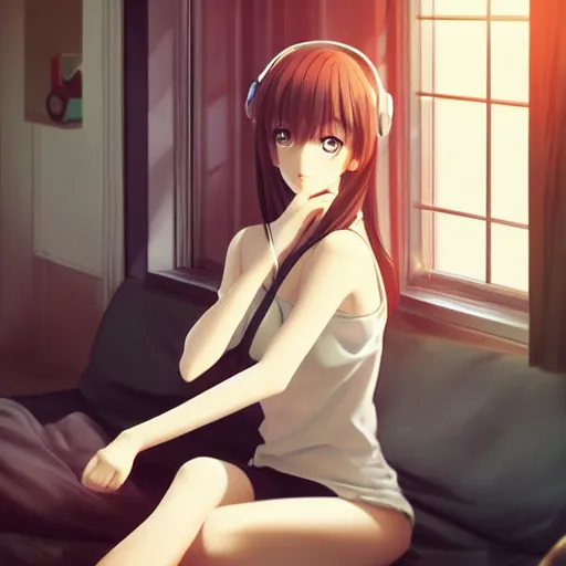 Prompt: anime beautiful girl sits on the sofa and listens to music, the sun shines through the window, clear face, beautiful body, dream light, focus on the face, highly detailed, 8 k, pixiv, in style of kyoto animation, art by cushart krenz