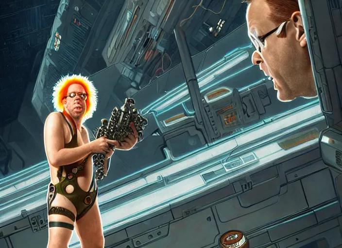 Image similar to rick moranis in the fifth element, far future, highly detailed, trending on artstation, intricate, cinematic composition, by rutkowski