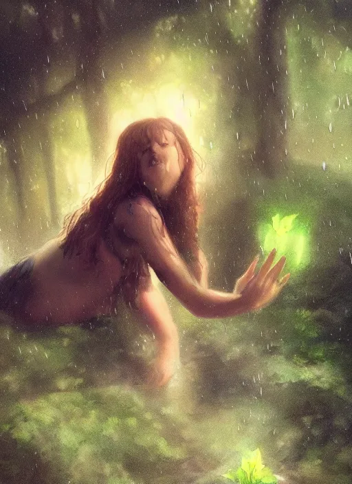 Image similar to a fairy body lays dead in the palm of a hand, raindrops, dramatic lighting, cinematic, establishing shot, extremely high detail, foto realistic, cinematic lighting, post processed, concept art, artstation,