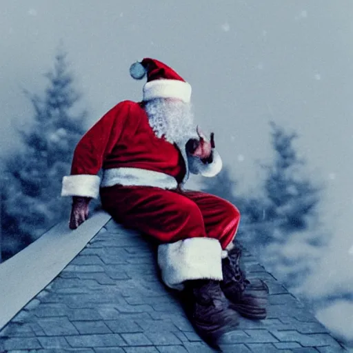 Image similar to a grainy realistic photograph of santa ontop of a rooftop climbing down a chimney at night, shot on an old polaroid camera, grainy vhs texture 4 k, realistic, unreal engine 5, sharp details, 3 0 0 dpi