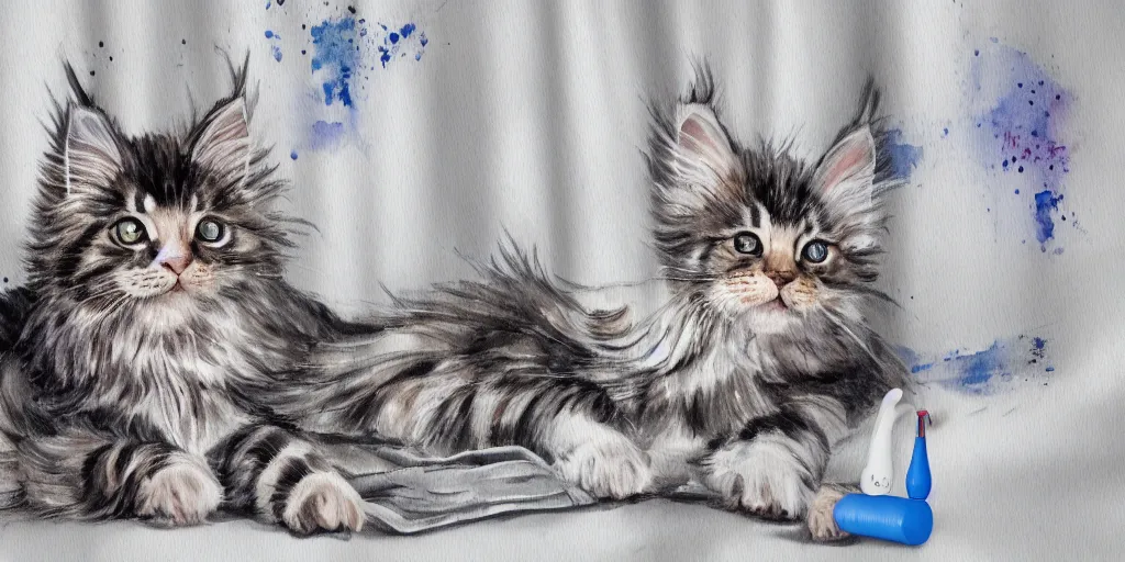 Prompt: shower curtain product catalog. on the curtain is a watercolor with ink under drawing of one maine coon kitten with a toy. wide - angle product photography, product lighting. 4 k, highly detailed. saturated.