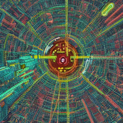 Image similar to hyper detailed aerial top down comic illustration of a man eaten by a machine in the centre of the composition, encircled by cybernetic gateways, by peter doig, very detailed, 4k, highly detailed