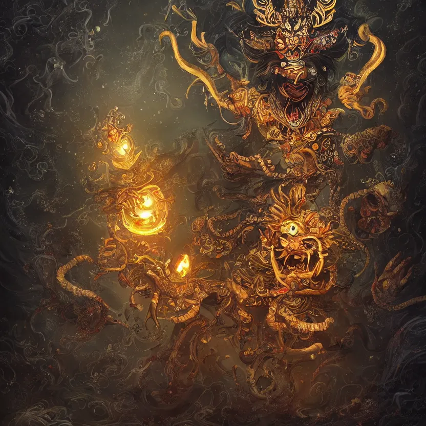 Image similar to barong the balinese demon glowing with magical fairy dust. whimsical fantasy art. award winning painting. highly detailed digital art. high contrast. dark background. beautiful composition. masterpiece. trending on artstation