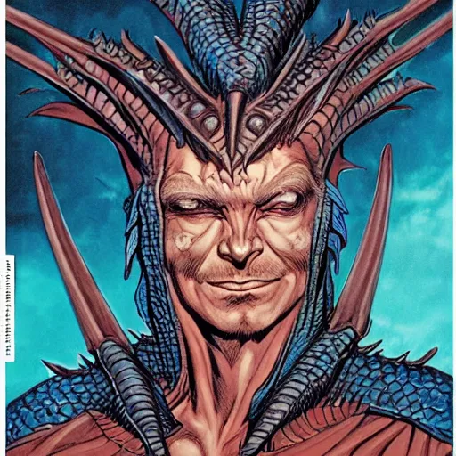 Image similar to head and shoulders portrait of a medieval d & d fantasy anthropomorphic blue dragon - headed - human hybrid with electrcity magic, comic book cover art photo by phil noto, frank miller, hr giger, alex ross, glenn fabry