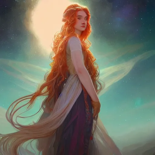 Image similar to aurora, girl with super long hair, hair becoming bright stars, intricate, highly detailed, digital painting, artstation, concept art, smooth, sharp focus, illustration, unreal engine 5, 8 k, art by artgerm and greg rutkowski and alphonse mucha