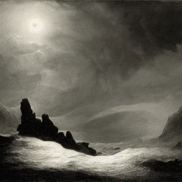 Prompt: an engraving of the sea of ice by gustave dore, caspar david friedrich, foggy, depth, strong shadows, stormclouds, illuminated focal point, highly detailed