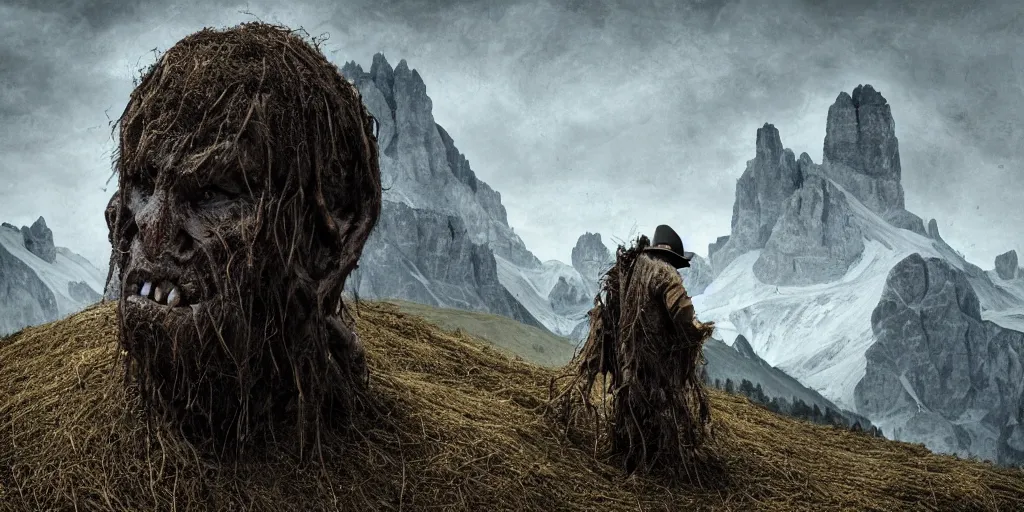 Image similar to alpine farmer transforming into a monster ,roots and hay coat, dolomites in background, dark, eerie, despair, portrait photography, artstation, highly detailed, sharp focus, by cronneberg