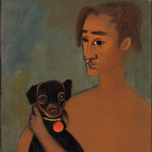 Image similar to a woman and her black and brown chihuahua by odilon redon