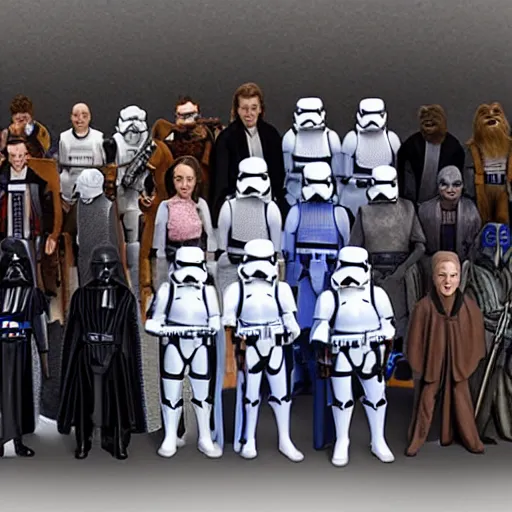 Prompt: All Star Wars Characters standing together for a group photo