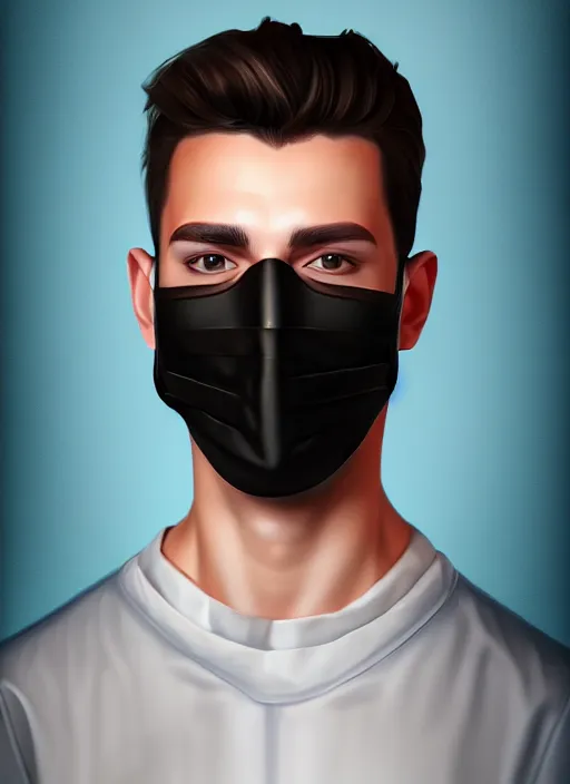 Prompt: handsome young man with black medical mask, half body shot, path traced, highly detailed, high quality, digital painting, by daniel sprick