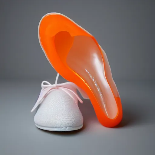 Prompt: an ultra high definition professional studio photograph, 5 0 mm f 1. 4 iso 1 0 0. the photo is set in a plain white room with a plain white plinth centrally located. the photo depicts a fashionable jelly shoe. the colour of the jelly shoe is orange.