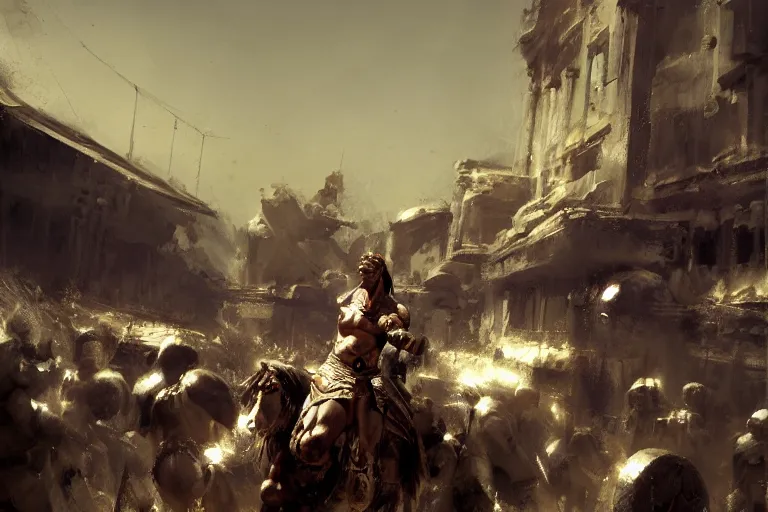 Image similar to Gladiator, muscular, cinematic lighting, dramatic atmosphere, by Craig Mullins, 4k resolution, trending on artstation