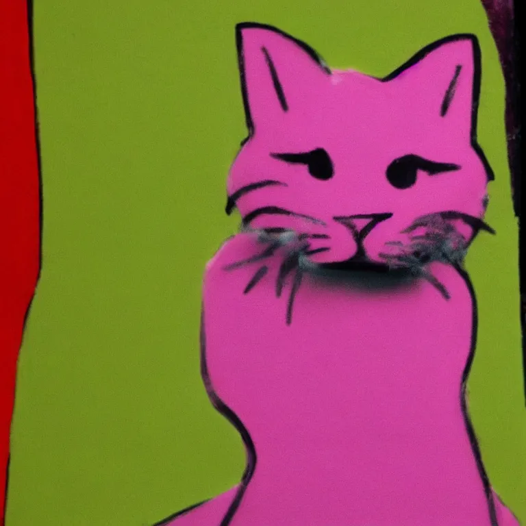 Prompt: beautiful pink cat made of plasticine, handcrafted, fabulous, plasticine art, wow, wonderful, by andy warhol