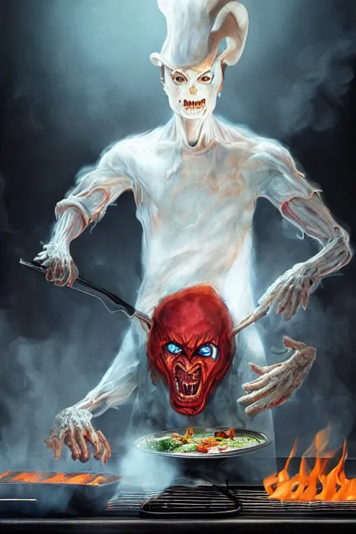 Image similar to white michael jackson cooking a bbq as a demon, anatomy, bathed in light, highly detailed, photorealistic, artstation, smooth, sharp focus, illustration, unreal engine 5, 8 k, art by artgerm and greg rutkowski and edgar maxence