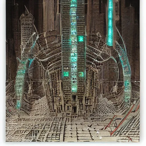 Image similar to city made of electronics by hr giger and zdzislaw beksinski