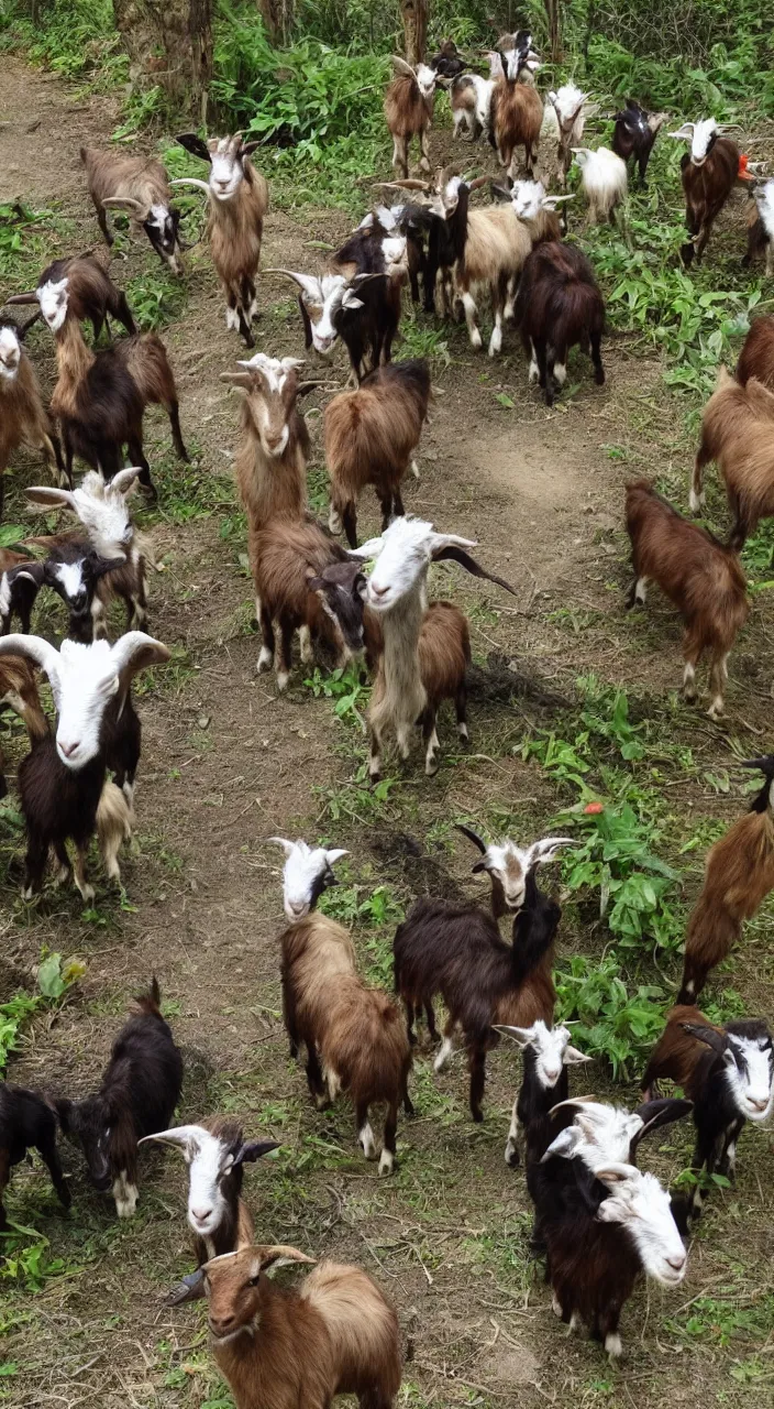 Prompt: theme of escaped goats having an adventure in the with trolls and hindu gods