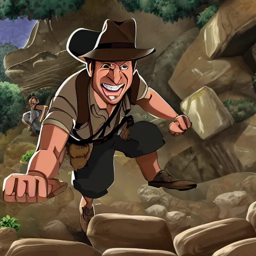 Image similar to Indiana Jones being chased by a boulder trap, boulder chase, underground ancient stone temple background, Indiana Jones running away from big round stone, raiders of the lost ark, detailed background, anime key visual