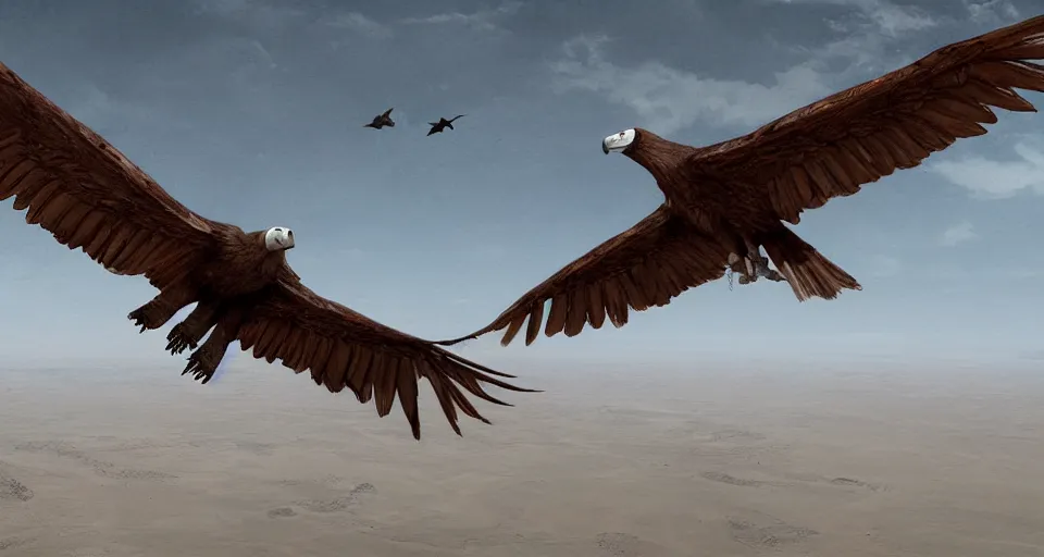 Image similar to a vulture flying over an empty desert, artstation, cgsociety