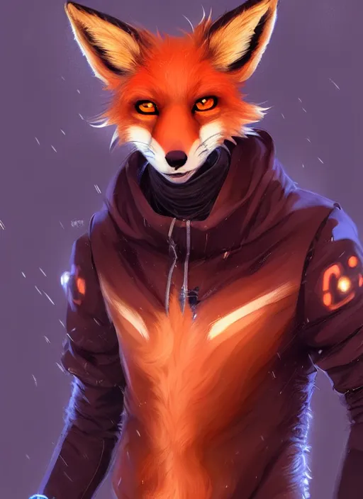 Image similar to award winning beautiful portrait commission of a male furry anthro melanated fox fursona with a tail and a cute beautiful attractive detailed furry face wearing stylish cyberpunk clothes in a cyberpunk city at night while it rains. Character design by charlie bowater, ross tran, artgerm, and makoto shinkai, detailed, inked, western comic book art