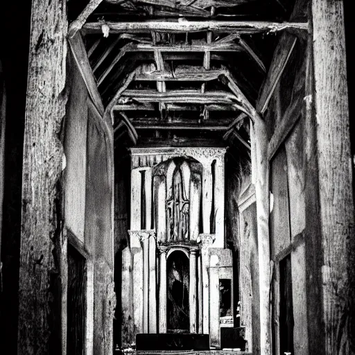 Image similar to picture of a cronenberg - like creature, southern gothic, inside of an old wooden church in louisiana, dark and intricate photograph