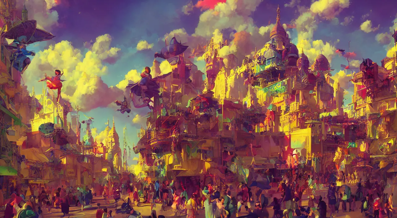 Image similar to bazaar zouk oriantal multicolorful sky shine place mosquet painting, sunny day, matte painting, bold shapes, hard edges, street art, trending on artstation, by huang guangjian and gil elvgren and sachin teng