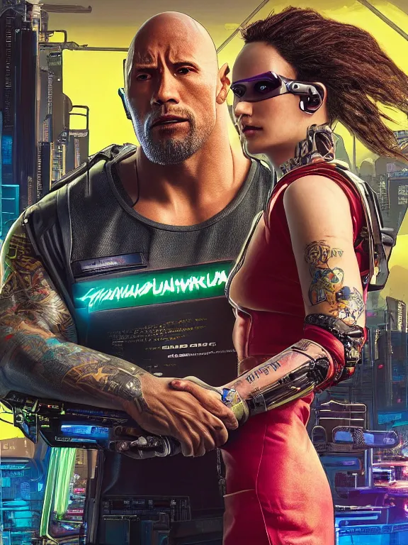 Prompt: a cyberpunk 2077 wedding portrait of Dwayne Johnson and a female android,complex mess of cables and wires behind them connected to giant computer,film lighting,by laurie greasley,Lawrence Alma-Tadema,William Morris,Dan Mumford, trending on atrstation,full of color,face enhance, highly detailed,8K, octane,golden ratio,cinematic lighting