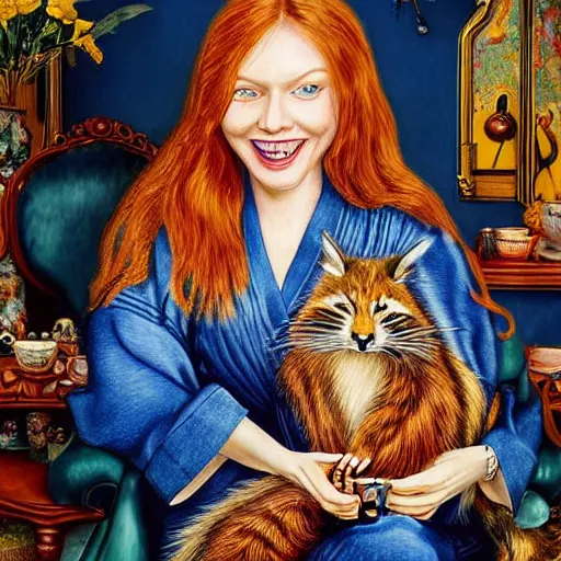 Image similar to a stunning hyper-detailed photorealistic painting of one slender beautiful smiling woman with long ginger hair and bangs, wearing a luxurious silk robe, wearing headphones and posing with her large ginger tabby cat and her raccoon and parrots in an overstuffed easy chair in her sunlit victorian living room, holding a porcelain parrot-shaped coffee mug and a donut, perfect eyes, fashion photography, cinematic lighting, octane render, IBEX Masters, unreal engine, 85 mm lens