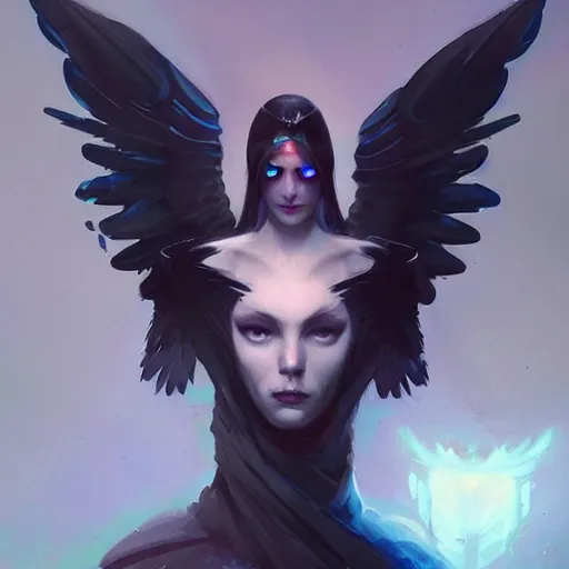 Prompt: character portrait of a modest robed dark raven angel with iridescent black raven wings, by Peter Mohrbacher, Mark Brooks, Jim Burns, Wadim Kashin, Greg Rutkowski, trending on Artstation