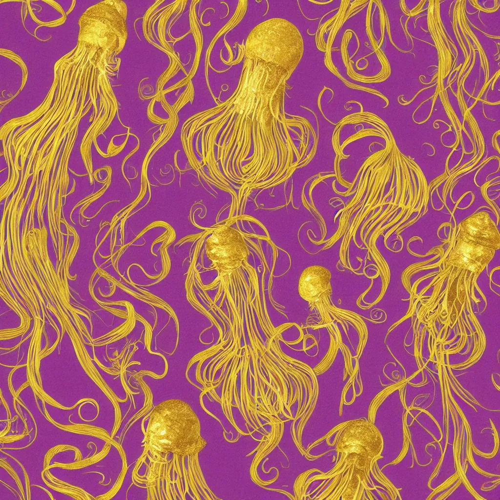 Prompt: Golden purple dress design in the style of rococo,Victorian era,jellyfish element,dreamy, soft,Backlight ,luminescence,highly detailed,8k