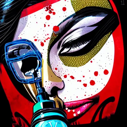 Image similar to a profile photo of a pakistani woman with a diving oxygen mask with side profile blood in ocean intricate details by MARVEL comics and Sandra Chevrier-C