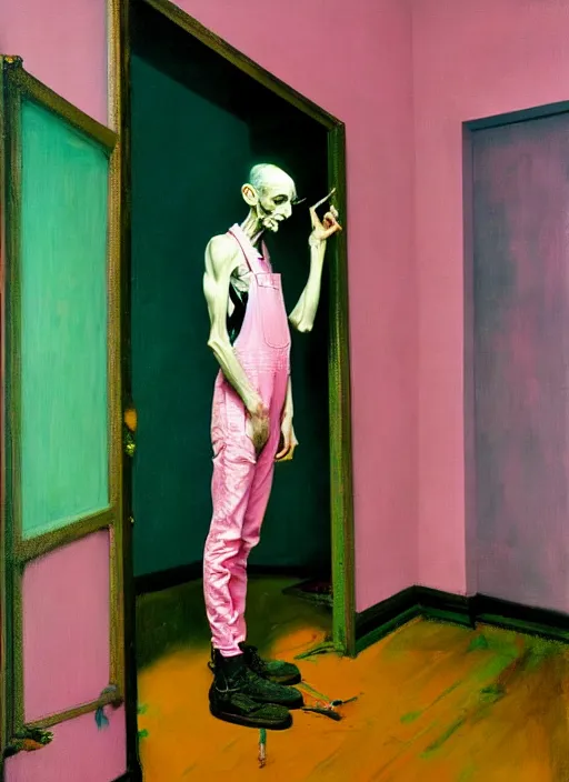 Prompt: an insane, skinny, artist wearing overalls, expressive painting the walls inside a grand messy studio, hauntingly surreal, highly detailed painting by francis bacon, edward hopper, adrian ghenie, glenn brown, and james jean, soft light 4 k in pink, green and blue colour palette, cinematic composition,